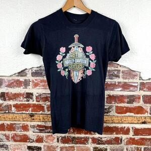 Vintage Harley Davidson Shirt Sz Small Black Single Stitch Sword Roses Thin 80s